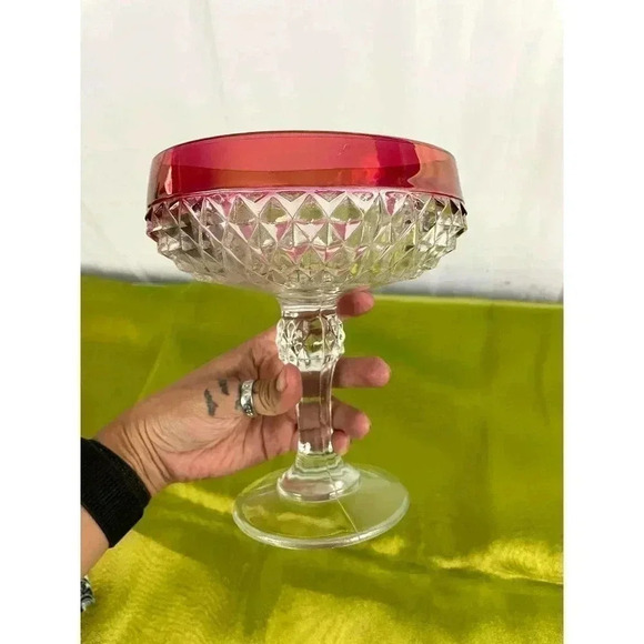 VTG Clear Pressed Indiana Glass Diamond Point Candy Dish Ruby Red 7” - Picture 8 of 8